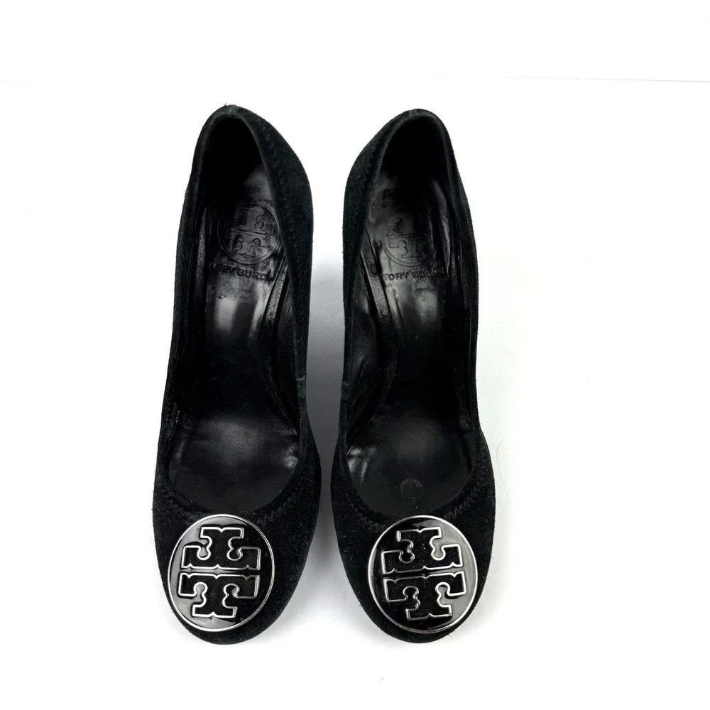 Tory Burch Sophie Wedge 6.5 Black Suede Slip On Heels Silver Logo